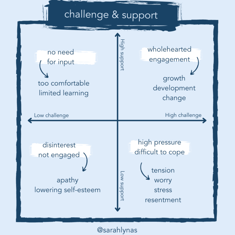 Challenge & support model, showing the axis of low to high challenge and low to high support. Low challenge, low support = disinterest, apathy. Low challenge, high support = too comfortable, low growth. Low support high challenge = high pressure, stress. High challenge, high support = engagement & growth.